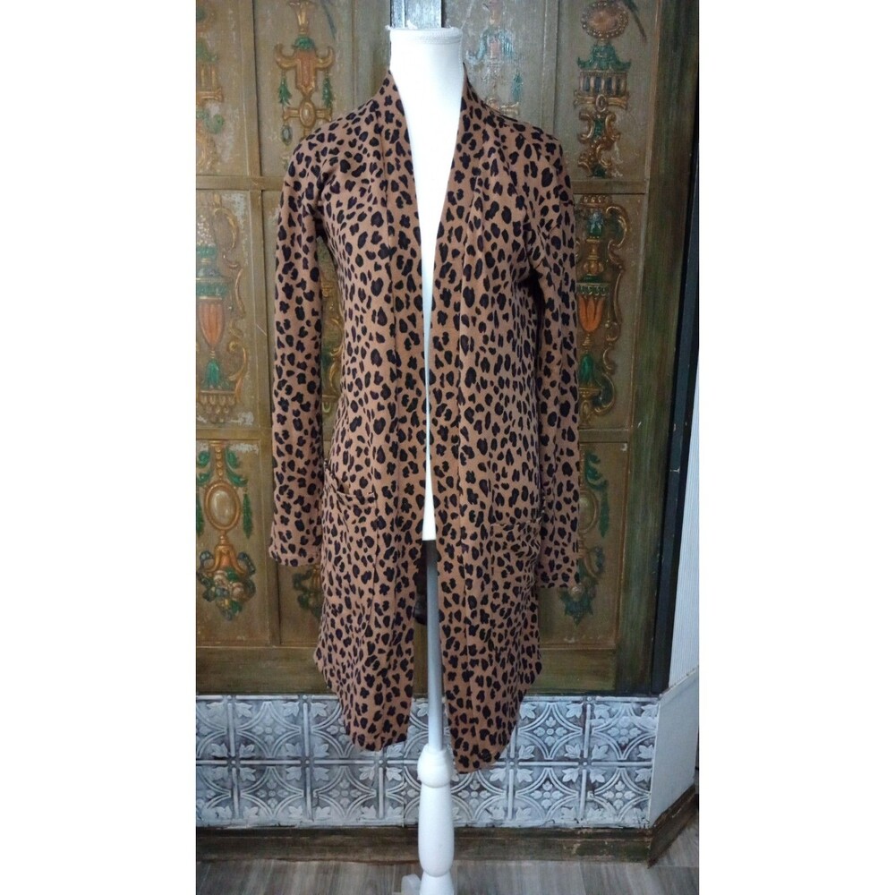 Tickled Teal Womens Leopard Animal Print Open Front Cardigan Sweater Sz S Boho